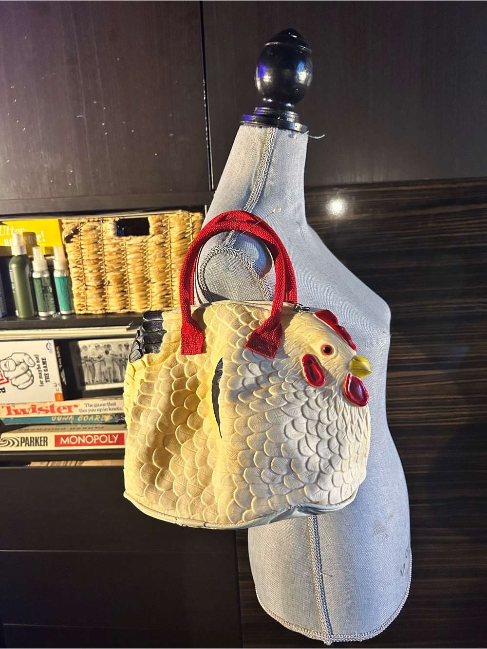 Novelty Rubber Chicken Tote Bag with Red Handles
